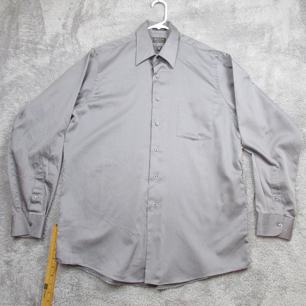 Arrow Dress Shirt Mens Large 16 34/35 Gray Solid Wrinkle Free Sateen Long Sleeve
